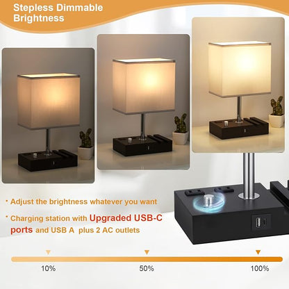 Kakanuo Table Lamp for Bedroom with Dual USB Ports, Grey Fully Dimmable Bedside Lamp with Phone Stands and 2 Charging Outlets, Desk Lamp for Nightstand and Living Room, LED Bulb Included