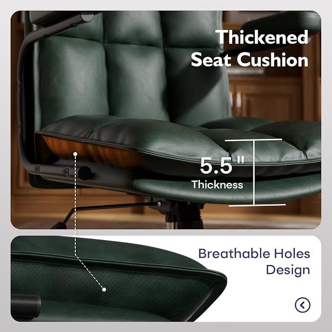 Ollega Mid Century Modern Desk Chair, Vintage Leather Office Chair, Green | Petite Computer Chair for Small to Medium Women, Thickened Back, Cozy Seat, Adjustable Height for Home