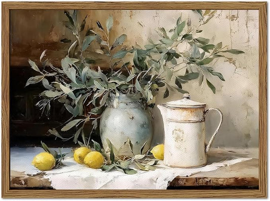 Framed Vintage Kitchen Wall Art, Rustic Yellow Lemon Still Life Pictures Wall Decor, Country Botanical Paintings Canvas Prints Farmhouse Home Decor for Dining Room Living Room 16x24 inch