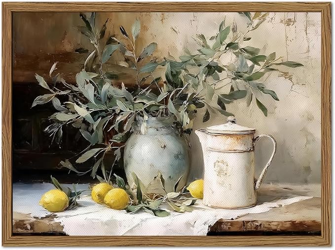 Framed Vintage Kitchen Wall Art, Rustic Yellow Lemon Still Life Pictures Wall Decor, Country Botanical Paintings Canvas Prints Farmhouse Home Decor for Dining Room Living Room 12x16 inch