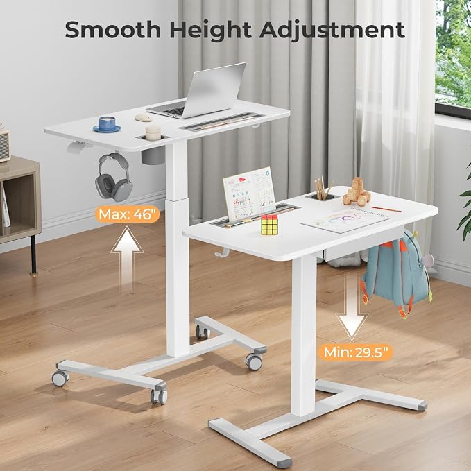 Mobile Standing Desk with Drawer, 35" Small Standing Desk with Cup Holder, Rolling Laptop Desk on Wheels, Height Adjustable Desk with Storage for Home Office, White