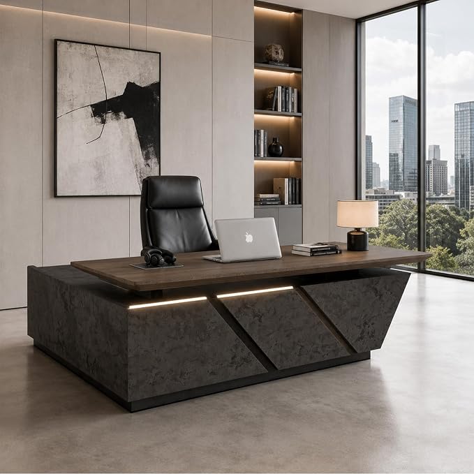 SAINTCY Adjustable Executive Desk - Luxury L Shaped Desk with Drawers, Large Table with File Cabinets, Executive Office Desks with LED Light Strip Home Office Desk for Professionals