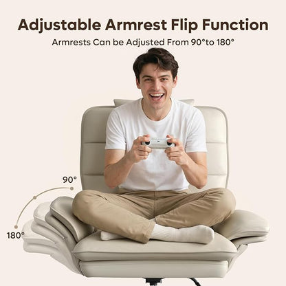 Bestier Cross Legged Office Chair Criss Cross Chair with Adjustable Arms 135° Reclining PU Leather Executive Chair with Wheels Big and Tall Computer Desk Chair for Home Office Beige