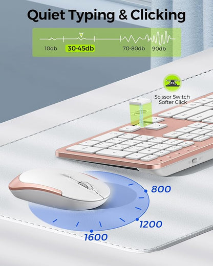 Wireless Keyboard and Mouse Combo, Full Size Slim Thin Cordless Keyboard Mouse with Numeric Keypad, Quiet Computer Keyboard Mice Set 2.4G Stable Connection Adjustable DPI (Rose Gold)