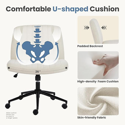 DUMOS Criss Cross Chair with Wheels, Wide Cross Legged Office Desk Vanity Chairs, Armless Height Adjustable Swivel Chairs for Home Computer Task, Fabric, Beige Wheel