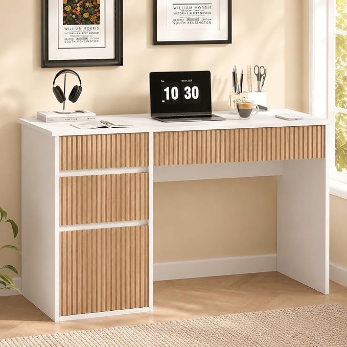 4 EVER WINNER White Desk with Drawers, 48 Inch Small Computer Desk with Storage for Small Spaces, Wood Home Office Desk for Study, Living Room, Bedroom, White