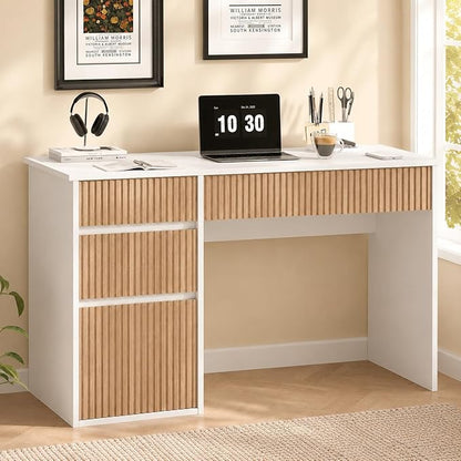 4 EVER WINNER White Desk with Drawers, 48 Inch Small Computer Desk with Storage for Small Spaces, Wood Home Office Desk for Study, Living Room, Bedroom, White