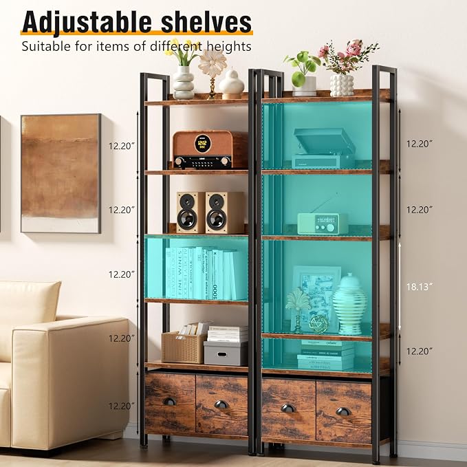 Furologee 6-Tier Bookshelf, Tall 71" Rustic Bookcase with 2 Drawers Storage Organizer, Industrial Display Free Standing Shelf Units, Wood and Metal Storage Rack for Home Office, Bedroom, Rustic Brown | Bookcase