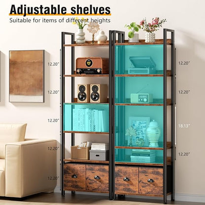 Furologee 6-Tier Bookshelf Set of 2,Tall Bookcase with 2 Drawers and Shelves, Industrial Display Free Standing Shelf Units, Storage Rack Organizer for Bedroom, Living Room, Home Office, Rustic Brown