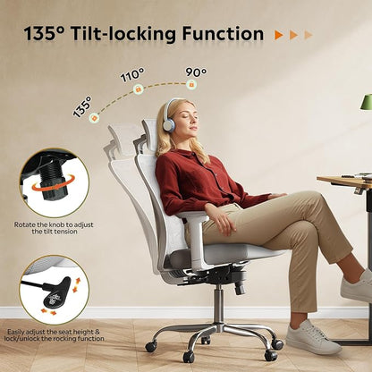 DEVAISE Ergonomic Mesh Office Chair with Adjustable 3D Headrest and Tilt Function, Big and Tall Reclining Comfy Home Computer Desk Chair with Lumbar Support and 3D Armrests, White