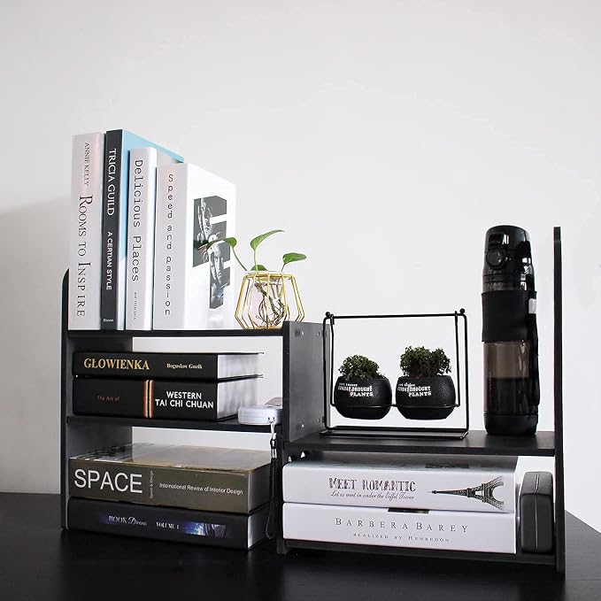 YGYQZ Adjustable PVC Desktop Organizer Storage Rack - Black Desk Shelf for Office, Women, Dormitory & Home Decor