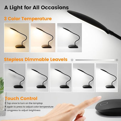 Battery Powered Desk Lamp, Portable Lamps Rechargeable 3 Color Mode Touch Control Stepless Dimming, Wireless Desk Lamp with 2000mAh, Small LED Table Light for Dorm Study Office Bedroom- Black (2-PACK)