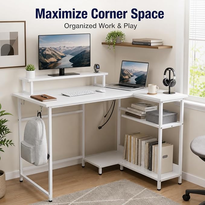 DEVAISE 47" L Shaped Gaming Desk with LED Lights and Power Outlets - Spacious Corner Computer Table with Monitor Stand and Storage Shelves for Work and Gaming, White