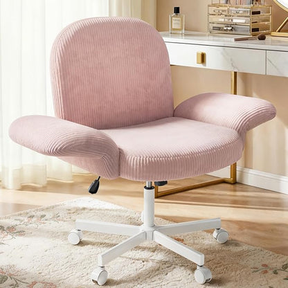 HUANUO Criss Cross Office Chair for Women, Cross Legged Desk Chair with Adjustable Armrests, Soft Corduroy Fabric for Small Spaces, Petite Home Office Computer Chair for Girls, Pink