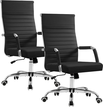 Furmax Ergonomic Office Desk Chair, Executive Ribbed Mid-Back PU Leather Conference Room Chair Adjustable Swivel Chair with Arms (2 pcs, Black)