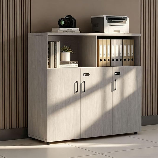 File Cabinet with Password Lock, Wood Lateral Filing Cabinet for Letter/A4 Files, 3 Drawer with Door, Printer Stand with Open Shelves for Home Office