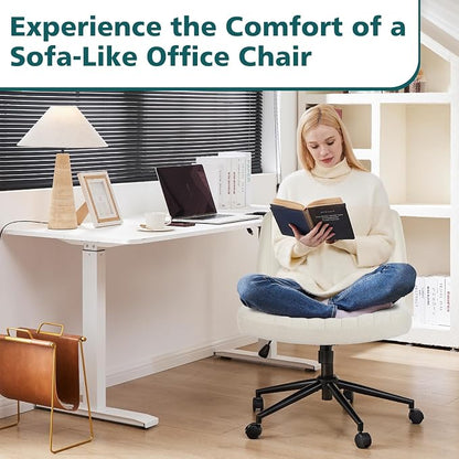 OLIXIS Criss Cross Chair with Wheels Wide Cross Legged Office Desk Vanity Chair Comfy Fabric Armless Adjustable Swivel for Home Computer Task Fabric Beige