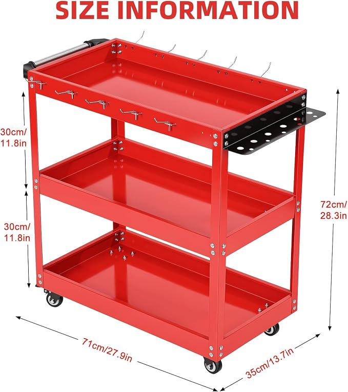 3-Tier Rolling Tool Cart, Heavy Duty Metal Utility Cart with Side Hooks and Handle, 330lbs Capacity Service Organizer for Garage Warehouse Workshop, 28x14x28 Inches, Red