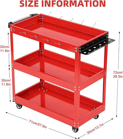 3-Tier Rolling Tool Cart, Heavy Duty Metal Utility Cart with Side Hooks and Handle, 330lbs Capacity Service Organizer for Garage Warehouse Workshop, 28x14x28 Inches, Red