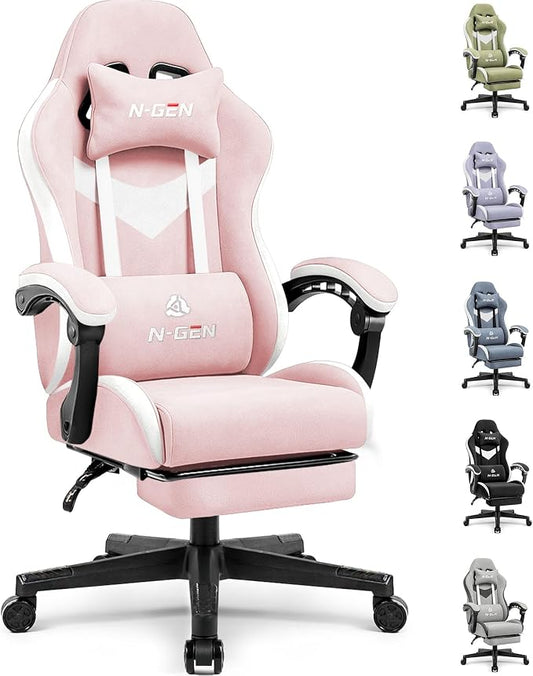 N-GEN GAMING Gaming Chair Video Game Computer Office Desk Use Ergonomic Reclining Backrest Adjustable Armrests Lumbar Support Footrest High Density Foam Breathable Fabric Heavy Duty Base (Pink)