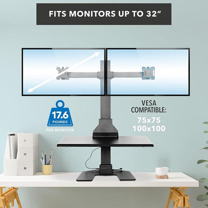 Mount-It! Double Monitor Electric Standing Desk Converter - 2 Screens Stand Up Desk Riser - Height Adjustable Desktop & 2 Mounts for Screens up to 32", Sit-Stand Convertor for Home, Office, School