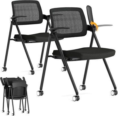 Stackable & Foldable Office Chair Set of 2, Folding Desk Chair with Flip-Up Armrest, Breathable Mesh, Thick Seat Cushion & Rocking Backrest, Conference Room Chair with Wheel (Black)