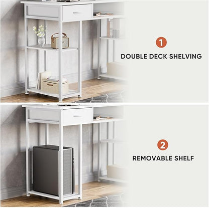DUMOS 48" Small Computer Home Office Desk for Bedroom with Drawers, Gaming Writing Study Table with Storage Shelf, Adjustable Feet, Compact Desk for Gaming and Home Office Use, Metal Frame White