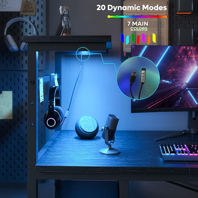 Bestier Gaming Desk with Shelves, 61 Inch Large PC Gaming Table with LED Lights, Led Gamer Desk with 4 Tiers Reversible Storage Shelves for Game & Bedroom Room (Black Grained)