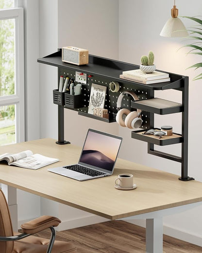 PEGZONE Clamp on Desk Shelf, 44" Desktop Shelving System, Black | with Pegboard and Accessories, Desktop Organizer with 2-Tier Shelf, Desk Pegboard for Office Home Gaming