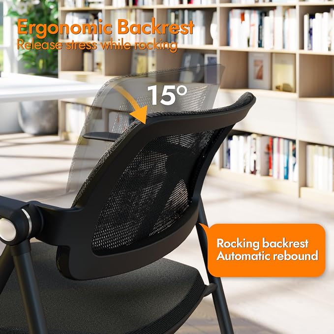 Stackable & Foldable Office Chair Set of 2, Folding Desk Chair with Flip-Up Armrest, Breathable Mesh, Thick Seat Cushion & Rocking Backrest, Conference Room Chair with Wheel (Black)