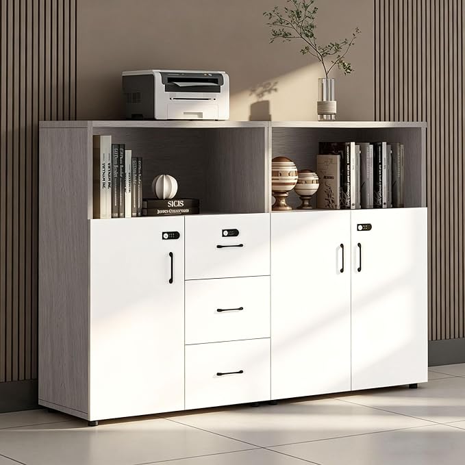 File Cabinet with Password Lock, Wood Lateral Filing Cabinet for Letter/A4 Files, 3 Drawer with Door, Printer Stand with Open Shelves for Home Office