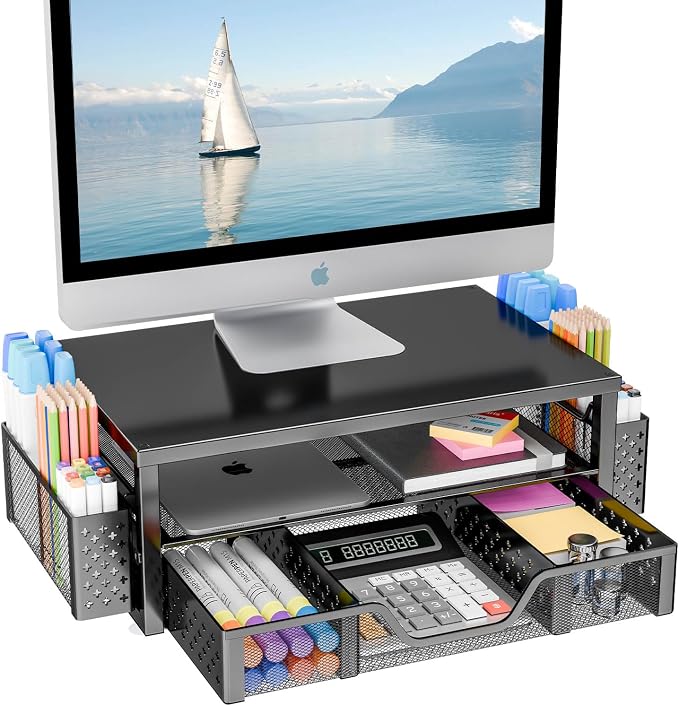 Simple Trending 2-Tier Monitor Stand Riser, Drawer & 2 Pen Holders, Black | Sturdy Material