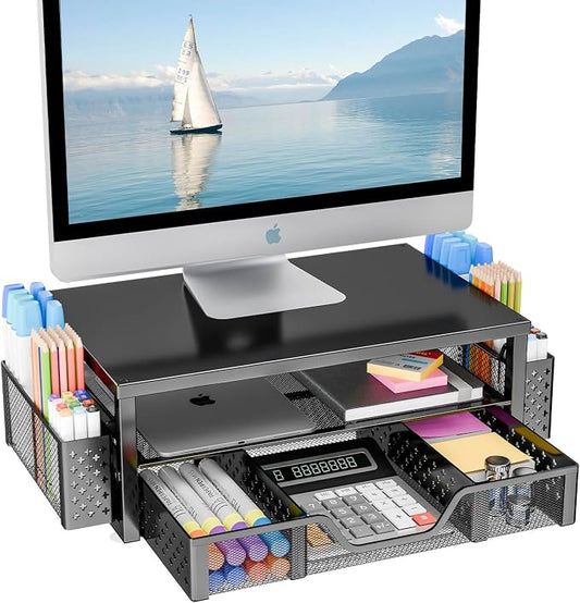 Simple Trending 2-Tier Monitor Stand Riser, Drawer & 2 Pen Holders, Black | Sturdy Material