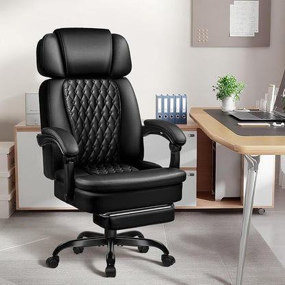 PRETZI Executive Office Chair 400LBS, Ergonomic Office Chair with Foot Rest, Heavy Duty Desk Chair for Home Office, Reclining High Back PU Leather Computer Chair Comfy, Black
