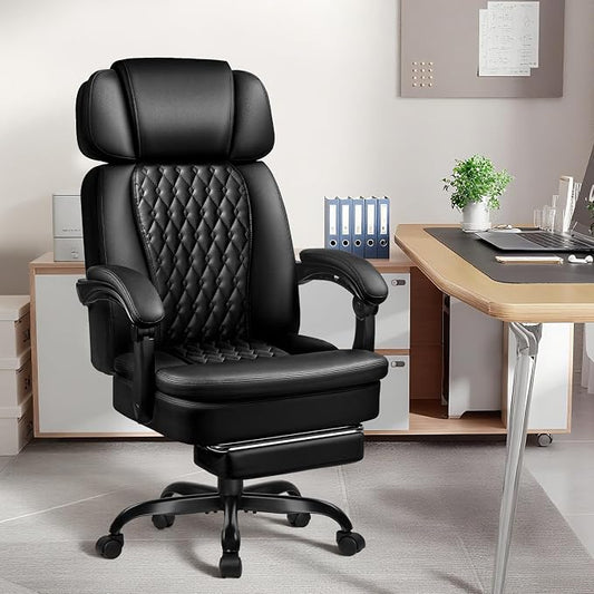 PRETZI Executive Office Chair 400LBS, Ergonomic Office Chair with Foot Rest, Heavy Duty Desk Chair for Home Office, Reclining High Back PU Leather Computer Chair Comfy, Black