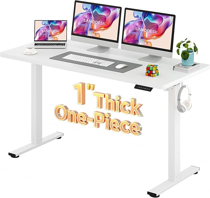 SANODESK Electric Standing Desk 60 x 24 Inches Whole-Piece Desktop Height Adjustable Stand Up Desk w/6-Button Controller Ergonomic Computer Desk for Home Office, White Frame + White Tabletop