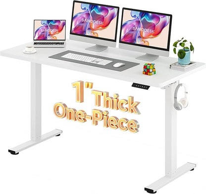 SANODESK Electric Standing Desk 60 x 24 Inches Whole-Piece Desktop Height Adjustable Stand Up Desk w/6-Button Controller Ergonomic Computer Desk for Home Office, White Frame + White Tabletop