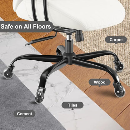 E-Ser Leather Desk Chair, Mid Century Modern Office Chair, White | Lumbar Support, Ergonomic, 360° Swivel, Rubber Rolling Wheels, Adjustable Height, for Adults