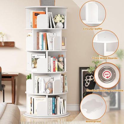 Besiost Rotating Bookshelf Tower, 5 Tier Spinning Bookcase, Revolving 360 Book Shelf Narrow Tall Bookcase, Vertical Turning Round Bookshelf Organizer, Wood Corner Book Shelf for Small Space, White