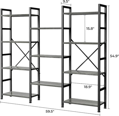 SUPERJARE Triple Bookshelf, Bookcase with 11 Open Display Shelves, Wide Book Shelf Book Case for Home & Office, 4 Tier, Grey
