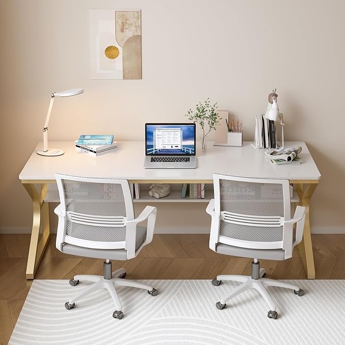 OSCHF Extra Long Desk with Bookshelf - 63" Double Long Writing Table for 2-Person Workstation, Modern Study Work Computer Desk for Home and Office, Gold