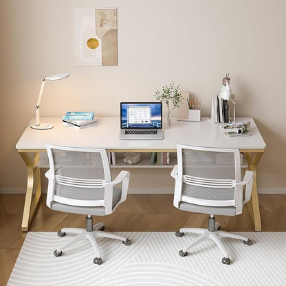 OSCHF Extra Long Desk with Bookshelf - 63" Double Long Writing Table for 2-Person Workstation, Modern Study Work Computer Desk for Home and Office, Gold