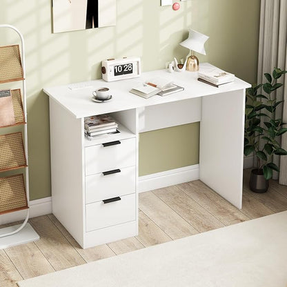 Giantex White Desk with Drawers, Modern Computer Desk with Charging Station, PC Laptop Table Computer Workstation with Storage, Makeup Vanity Table, Writing Desk for Bedroom