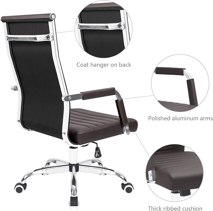 KaiMeng Ribbed Office Desk Mid Back Computer Chair Height Adjustable Conference Executive Task Swivel PU Leather (Brown)