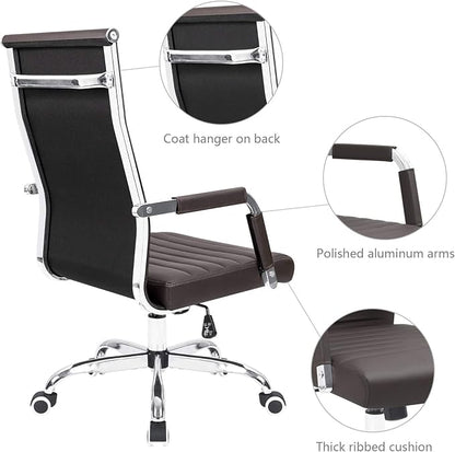 KaiMeng Ribbed Office Desk Mid Back Computer Chair Height Adjustable Conference Executive Task Swivel PU Leather (Brown)
