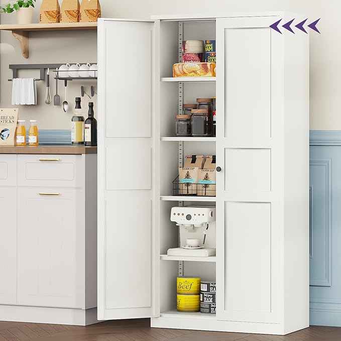 71"Kitchen Pantry Cabinet,White Metal Pantry Cabinet with 2 Doors & 4 Adjustable Shelves,Pantry Cabinets with Gold/Black Handles,Kitchen Cabinet for Dinging Room,Living Room,Assembly Required