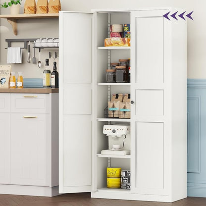 71"Kitchen Pantry Cabinet,White Metal Pantry Cabinet with 2 Doors & 4 Adjustable Shelves,Pantry Cabinets with Gold/Black Handles,Kitchen Cabinet for Dinging Room,Living Room,Assembly Required