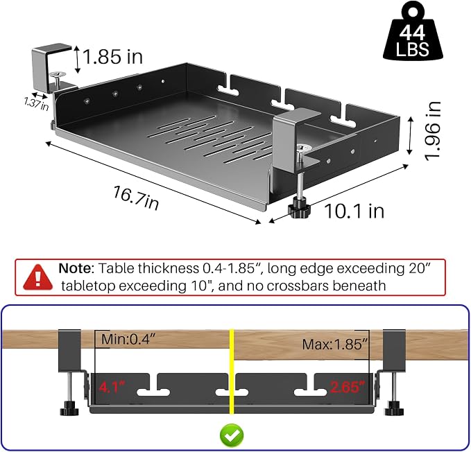 No Drill Under Desk Laptop Mount, Metal Under Desk Storage Shelf with Cable Management, Laptop Storage Tray for MacBook, Keyboard, Mac Mini, Anti-Scratch Silicone, Fits Office, Gaming, Workstations