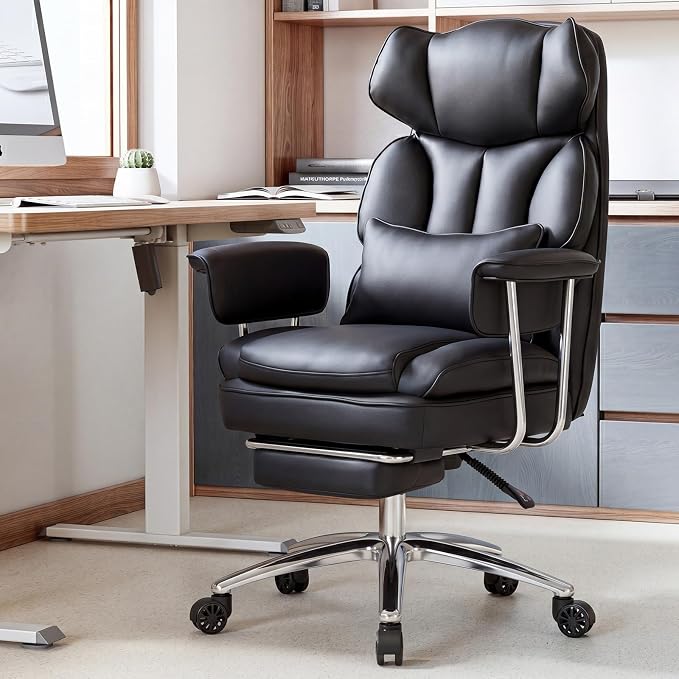 Sweetcrispy Home Office Desk Chair, Executive Ergonomic Big Tall High Back with Footrest & Lumbar Support, Reclining Height Adjustable, Comfy PU Leather Computer Gaming with Swivel Wheels, Black