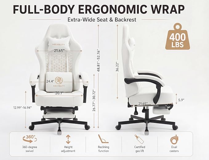 Office Desk Computer Gaming Chair for Adults, Ergonomic High Back Gamer Chair with Massage and Pocket Spring Cushion, Swivel Comfy Video Game Chairs with Footrest and Lumbar Supporrt (Pro White)